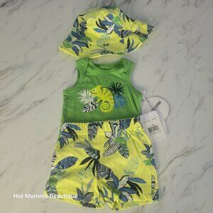 Infant Green Chameleon Tropical Leaf Print Bucket Hat 3 Piece Set 0-3M